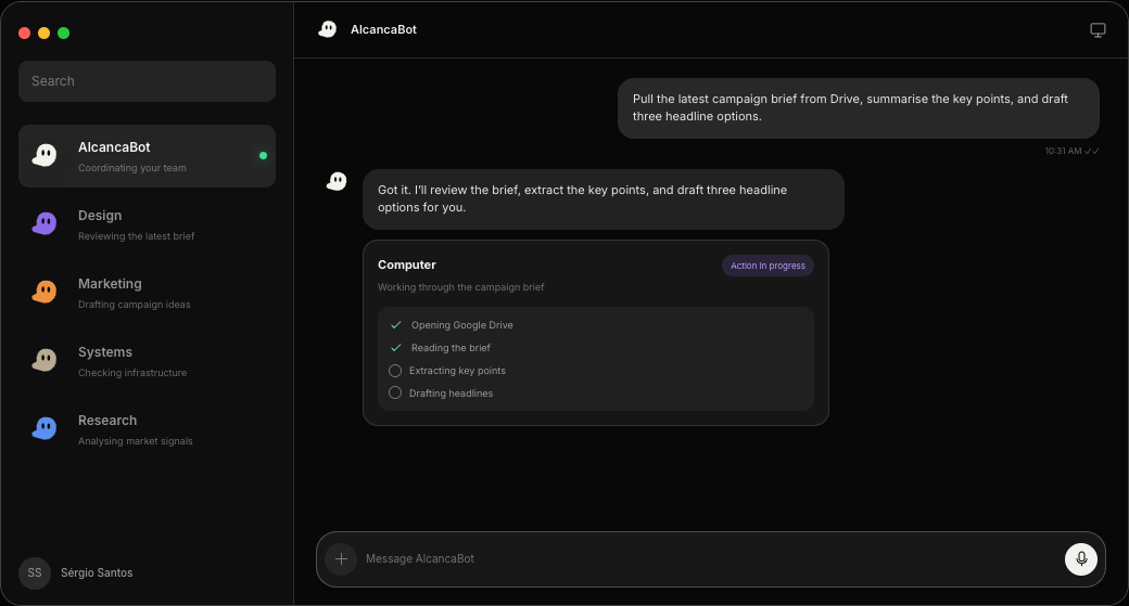 AlcancaBot desktop workspace with operators, a live computer job, and a campaign brief in progress