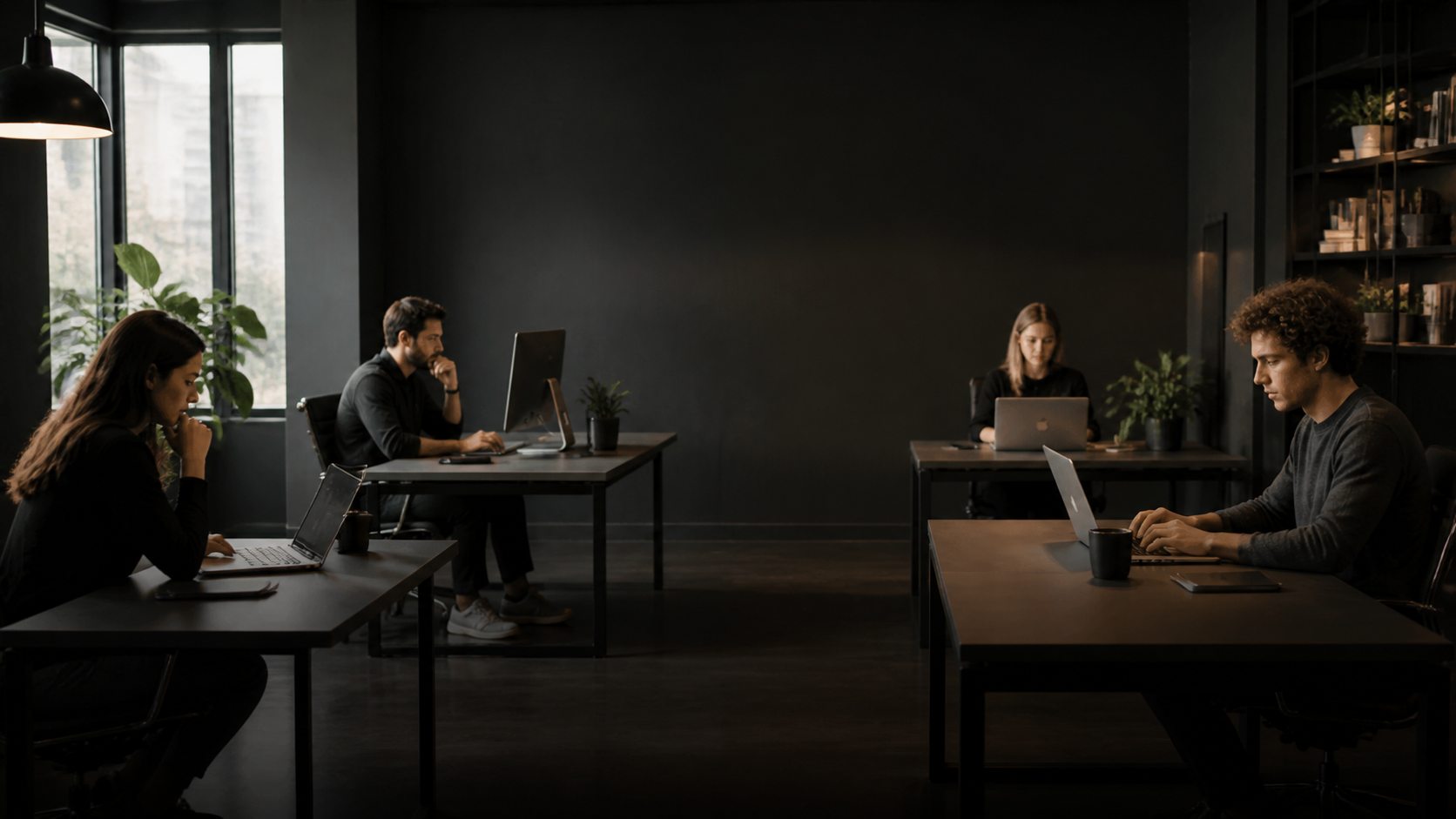 Operators working at separate desks in a dark studio